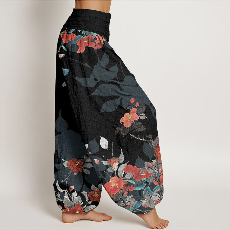 Red Flowers Green Leaves Bird Women's Elastic Waist Harem Pants