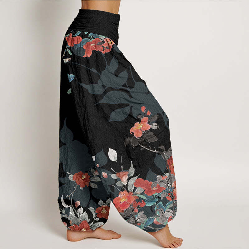 Red Flowers Green Leaves Bird Women's Elastic Waist Harem Pants