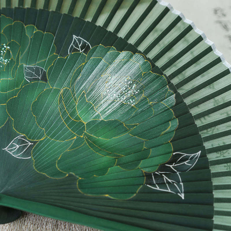 Peony Flowers Silk Handheld Bamboo Folding Fan