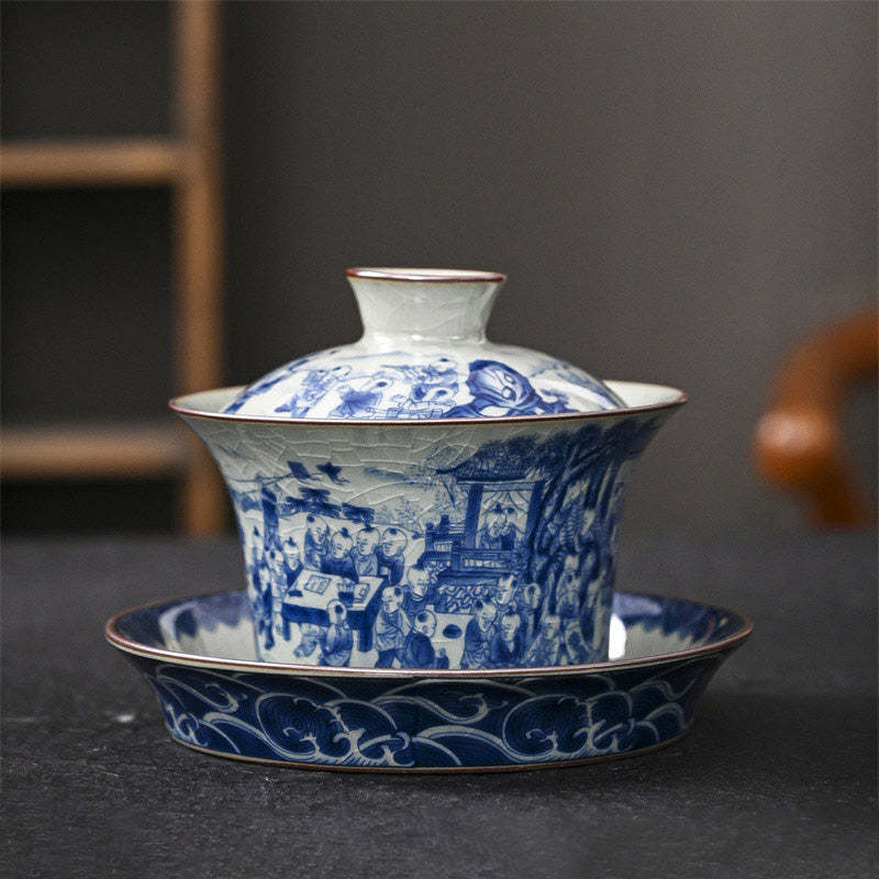 Jingdezhen Dragon Phoenix Pavilion Pine Flower Ceramic Gaiwan Sancai Teacup Kung Fu Tea Cup And Saucer With Lid 170ml