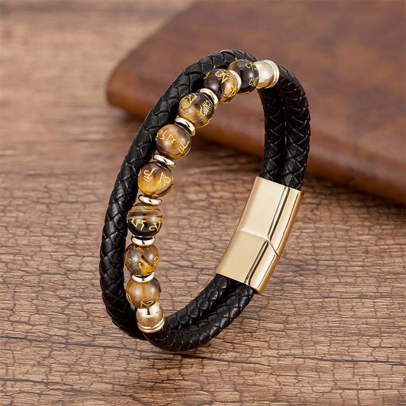 Black Onyx Turquoise Tiger Eye Red Agate Om Mani Padme Hum Strength Leather Bracelet