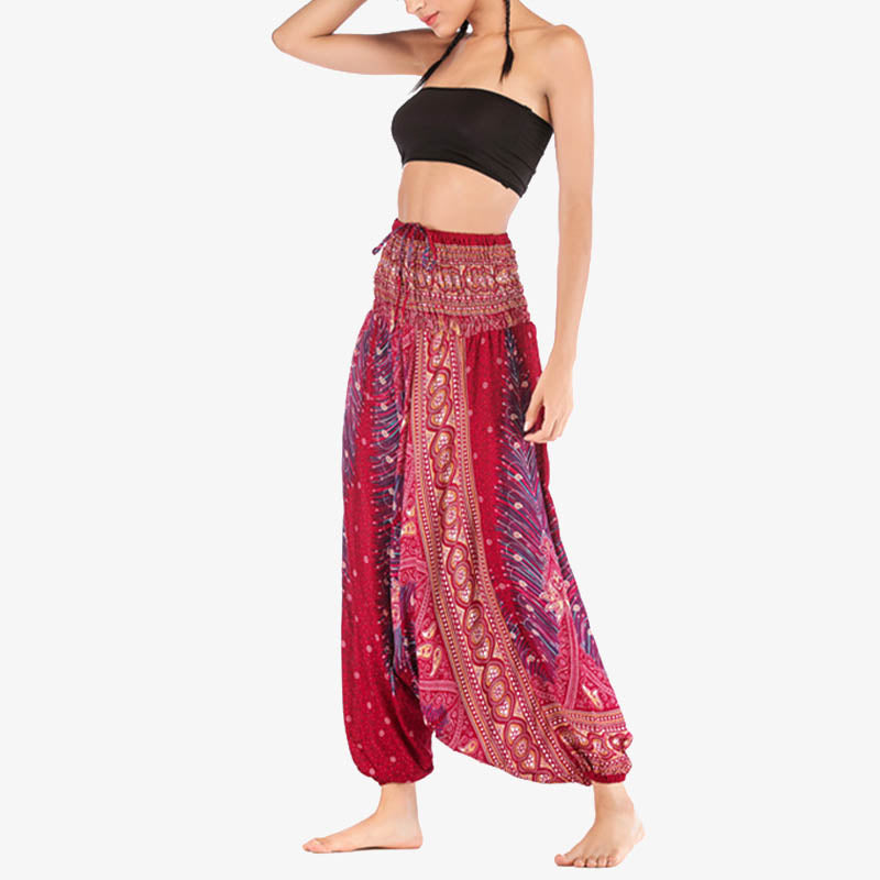 Two Style Wear Feathers Geometric Pattern Loose Smocked Trousers Jumpsuit Women's Yoga Pants