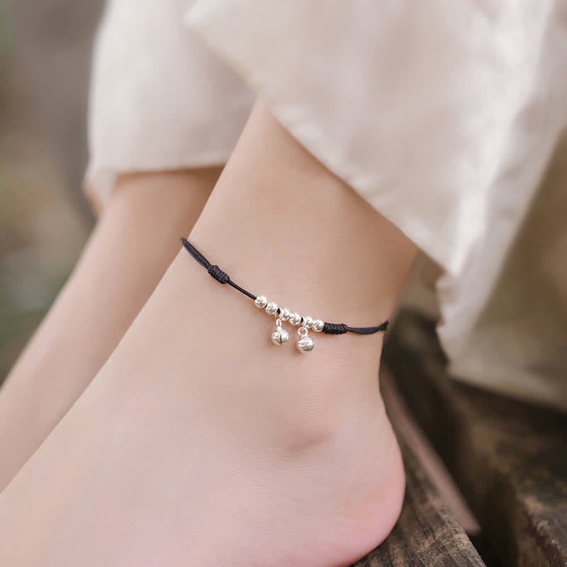925 Sterling Silver Red String Braid Bell Charm Anklet