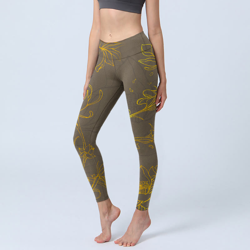 Yellowish Brown Lotus Flower Lotus Leaf Print Gym Leggings Women's Yoga Pants