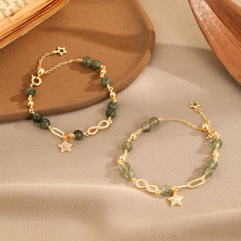 14K Gold Green Rutilated Quartz M?bius Loop Eternal Love Star Protection Bracelet