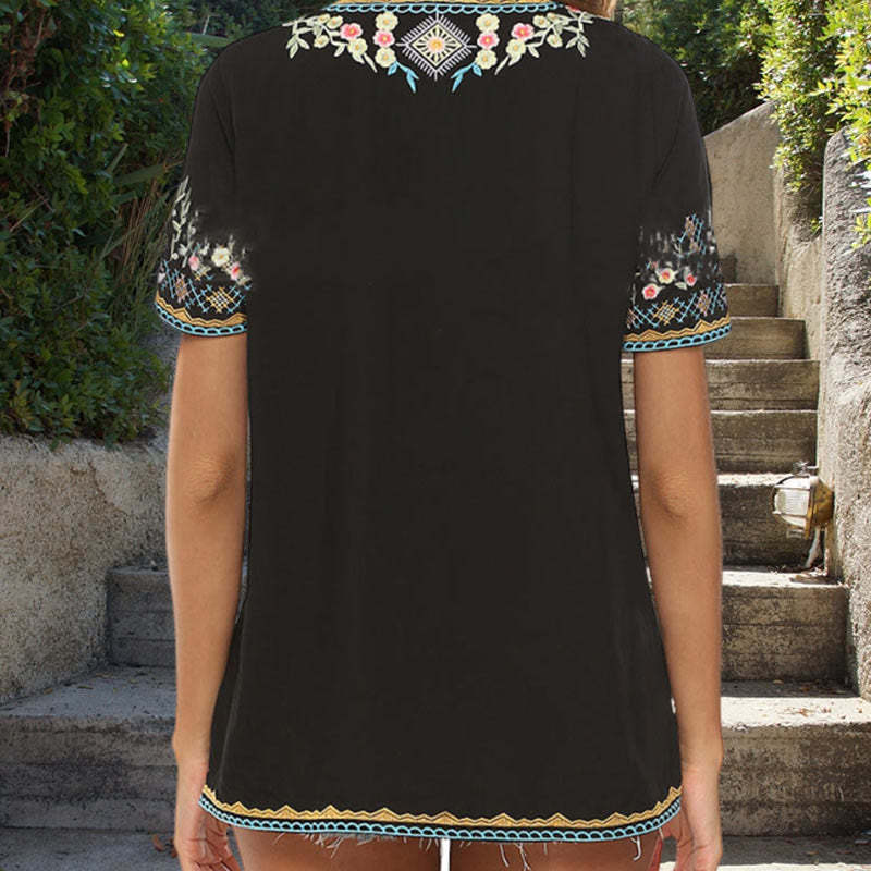 Embroidery Flower Design Short Sleeve V-neck Cotton Women's T-Shirt