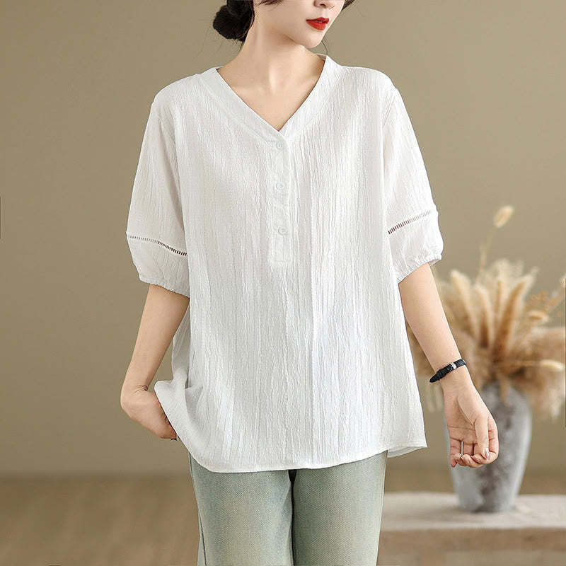 Summer Casual Pure Half Puff Sleeve Half Button V-neck Women's T-Shirt