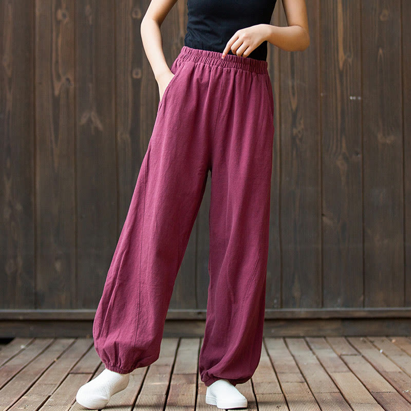 Casual Solid Plain Color Carrot Elastic Waistband Cotton Ramie Women's Pants With Pockets