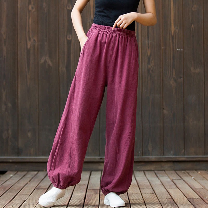Casual Solid Plain Color Carrot Elastic Waistband Cotton Ramie Women's Pants With Pockets