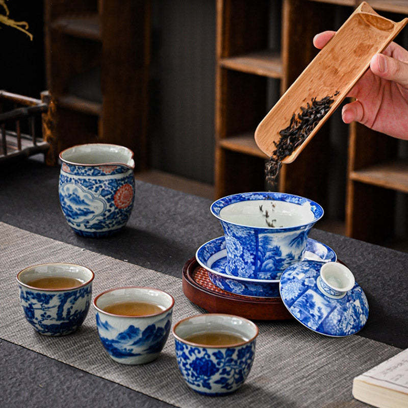 Jingdezhen Dragon Phoenix Pavilion Pine Flower Ceramic Gaiwan Sancai Teacup Kung Fu Tea Cup And Saucer With Lid 170ml