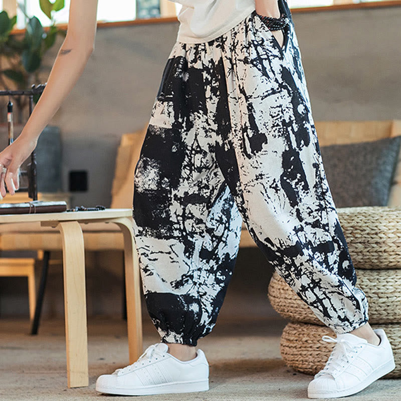 Black White Ink Design Cotton Linen Drawstring Men's Harem Pants With Pockets