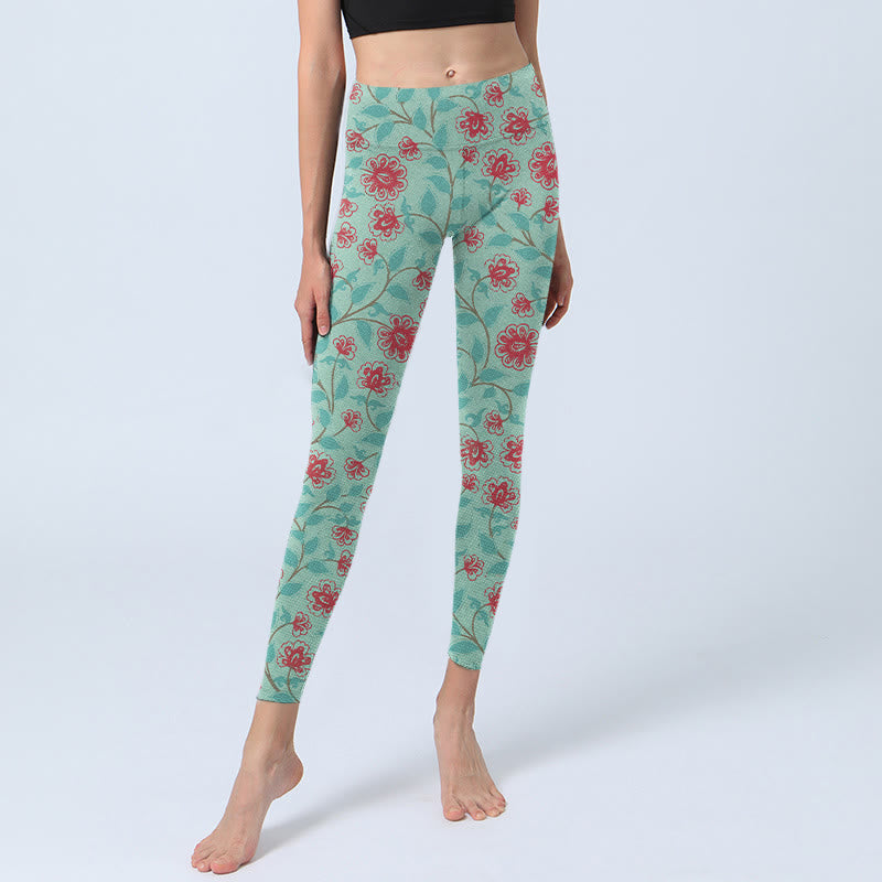 Vine Leaves Blossom Print Gym Leggings Women's Yoga Pants