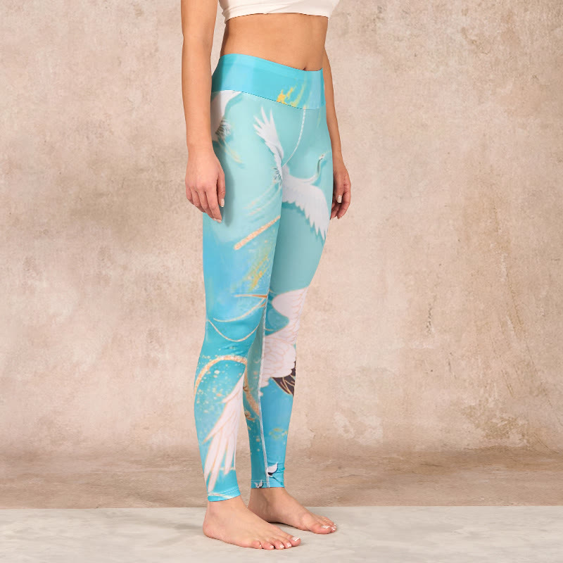 Mint Green Mountain Crane Print Fitness Leggings Women's Yoga Pants