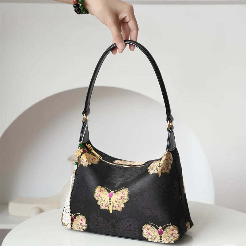 Lotus Bamboo Crane Deer Butterfly Mountain Xiangyunsha Silk Song Brocade Crossbody Bag Shoulder Bag