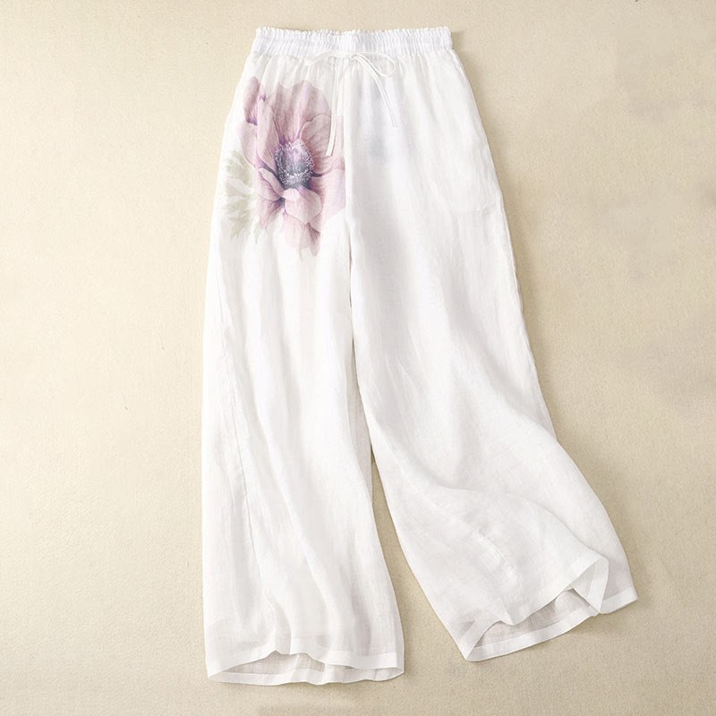 Floral Print High Waist Cotton Linen Drawstring Wide Leg Pants With Pockets