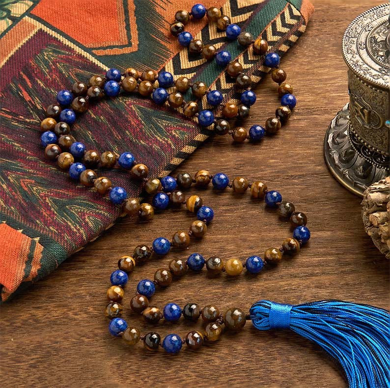 108 Beads Natural Stone Tiger Eye Lazurite Mala Tassel Protection Bracelet