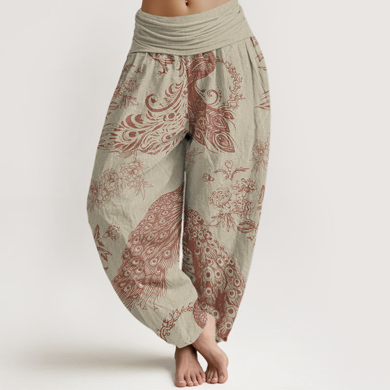 Casual Peacock Peony Flower Women's Elastic Waist Harem Pants