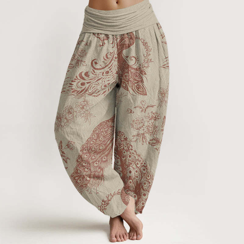 Casual Peacock Peony Flower Women's Elastic Waist Harem Pants