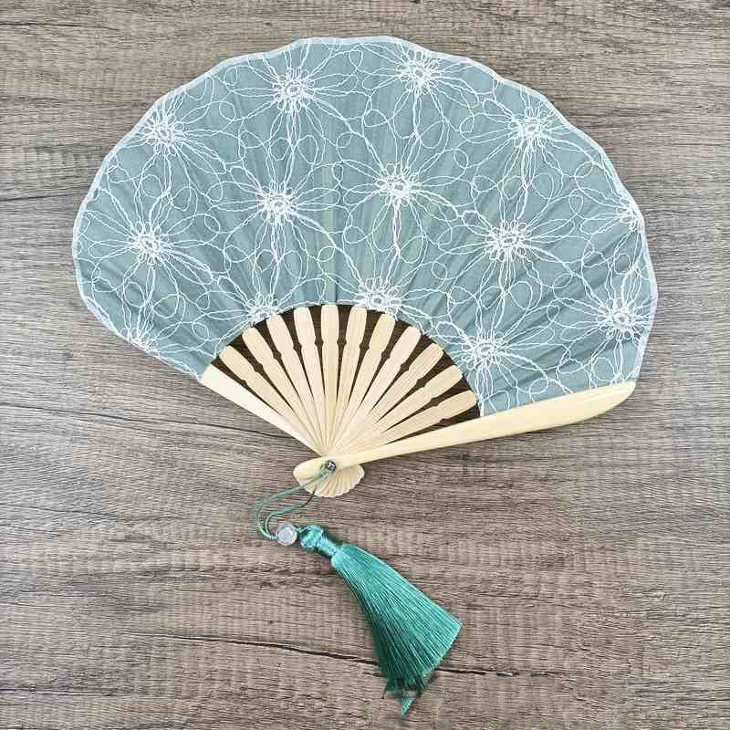 Retro Large Flower Embroidery Shell Shape Tassels Handheld Bamboo Folding Fan
