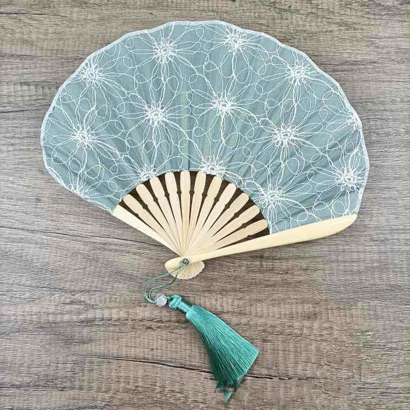 Retro Large Flower Embroidery Shell Shape Tassels Handheld Bamboo Folding Fan