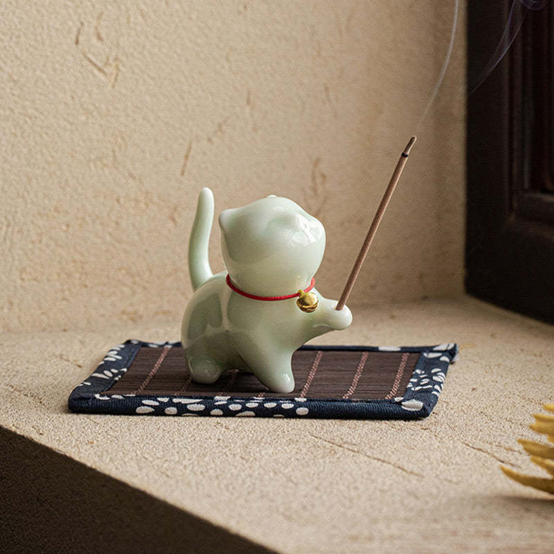 Mini Lucky Cat Kitten Tea Pet Ceramic Home Desk Figurine Decoration With Bamboo Mat