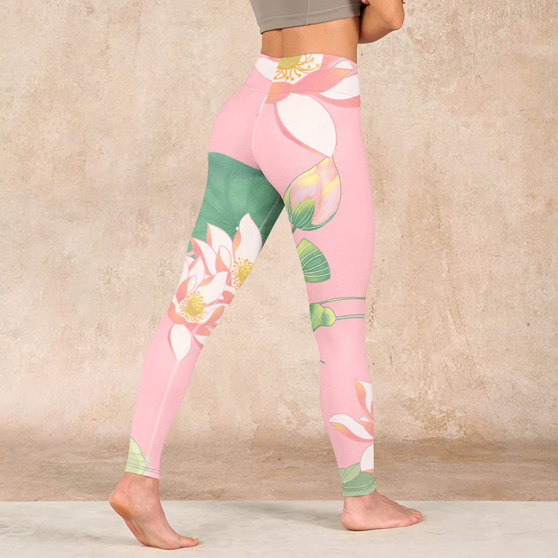 Pink Lotus Flower Leaf Print Gym Fitness Leggings Women's Yoga Pants