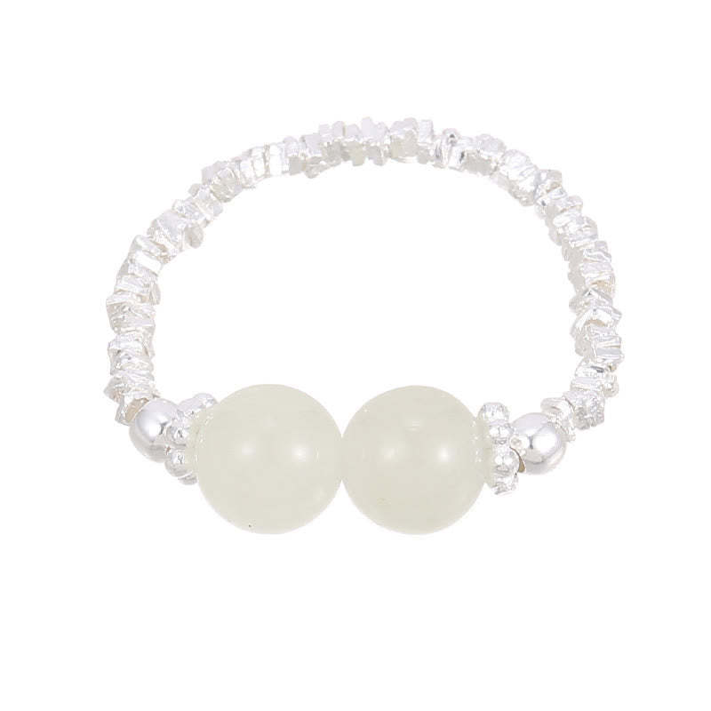 925 Sterling Silver Natural Small Hetian Jade Bead Luck Elastic Ring