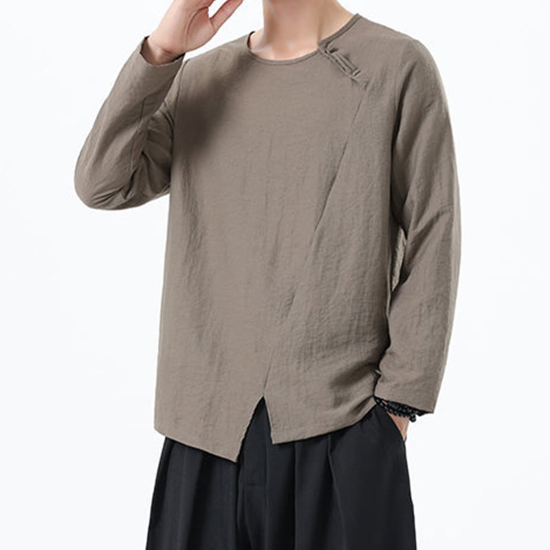Men's Long Sleeve Round Collar Comfort Cotton Linen Shirt