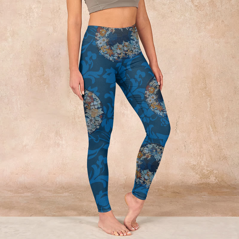 Dark Blue Flowers In Bloom Print Sports Leggings Women's Yoga Pants
