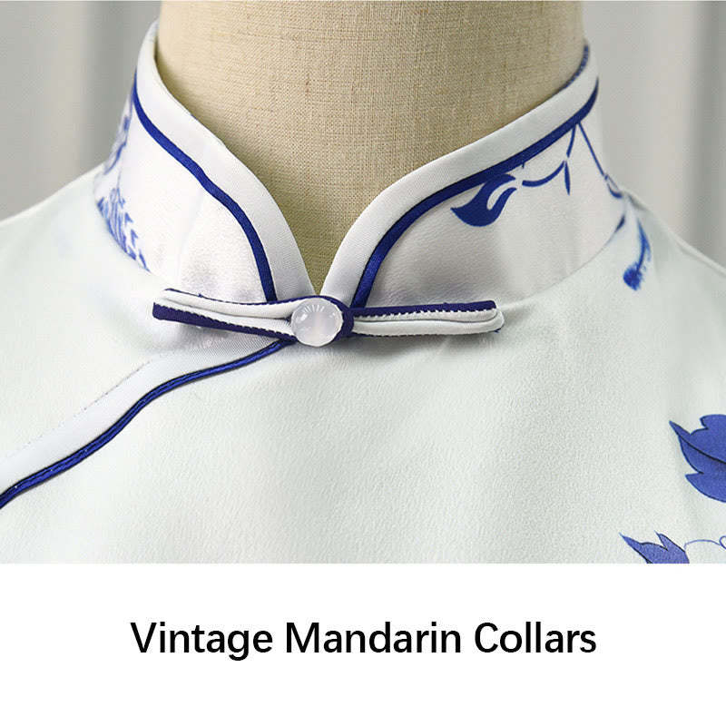 Blue And White Porcelain Color Peony Flower Pattern Cheongsam Dress Women's Qipao Dress