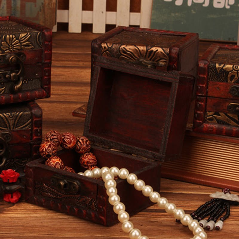 Retro Small Square Wood Jewelry Box Lotus Grass Flower Grape Copper Coin Daffodil Jewelry Storage Box