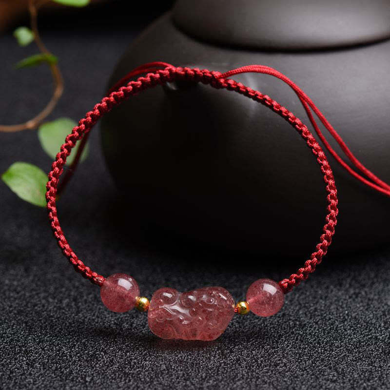 Natural Strawberry Quartz PiXiu Lucky Red String Bracelet