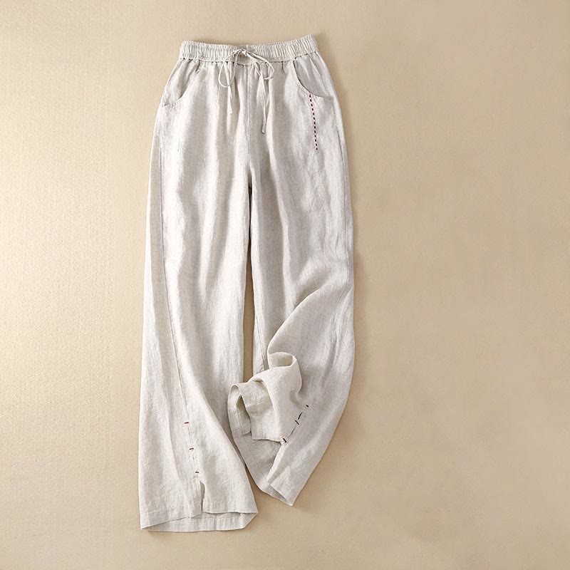 Casual Cotton High Waist Lace-up Slit Wide Leg Pants With Pockets
