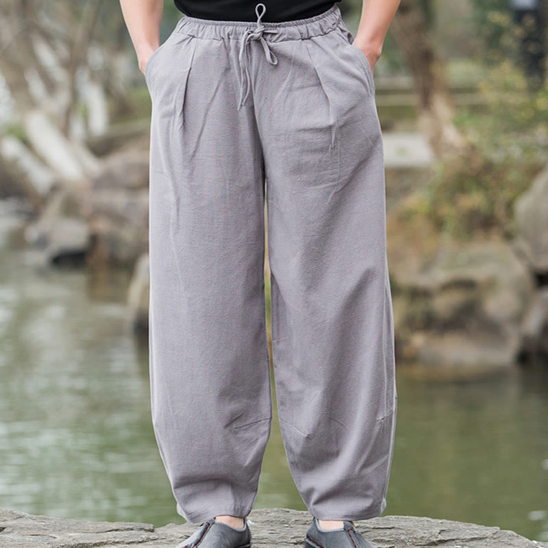 Plain Casual Linen Bloomer Men's Pants With Pockets
