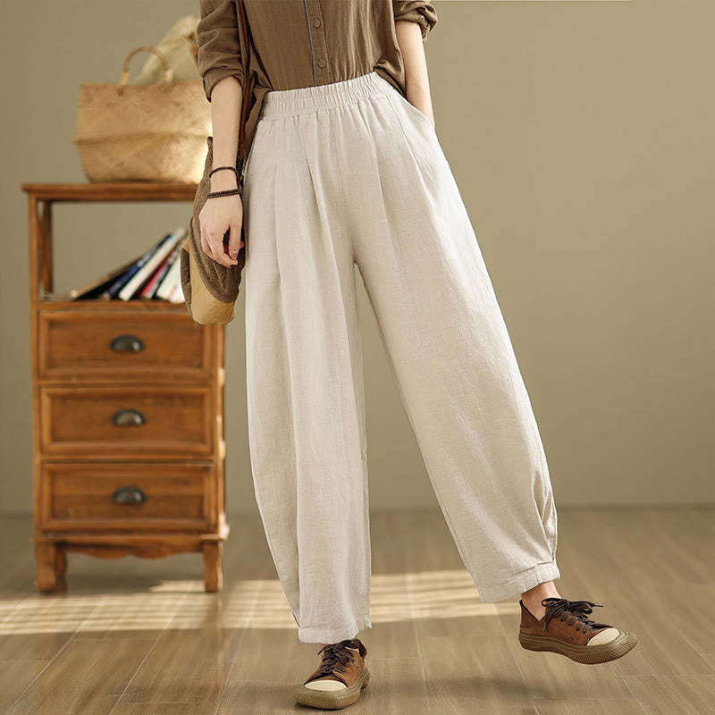 Casual Solid Color Tapered Elastic Waistband Cotton Linen Women's Pants With Pockets