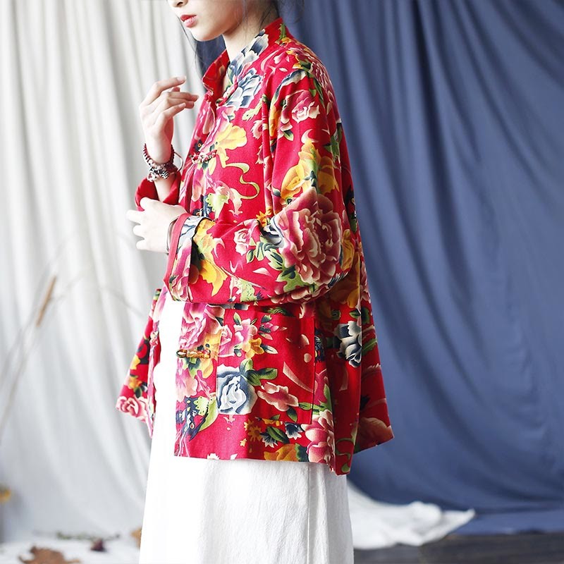 Ethnic Red Flower Peony Frog-Button Cotton Linen Long Sleeve Shirt Jacket With Pockets