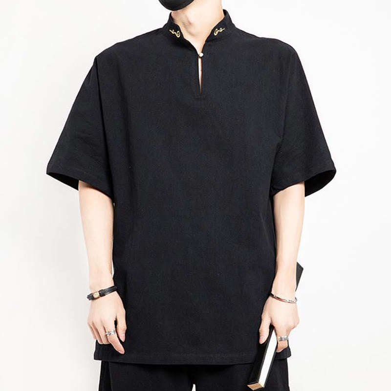 Chinese Tang Suit Embroidery Half Sleeve Shirt Linen Men Clothing