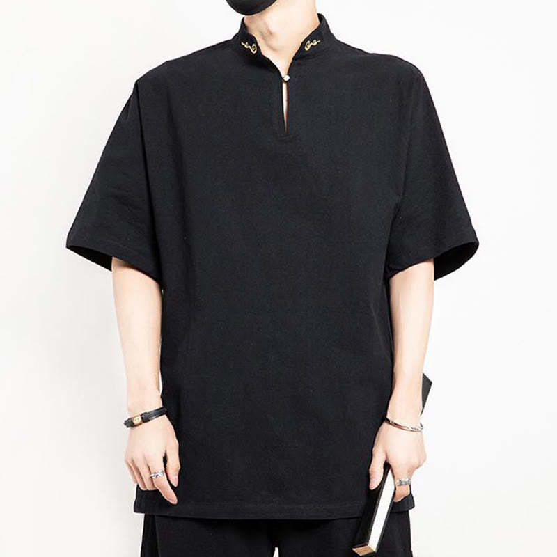 Chinese Tang Suit Embroidery Half Sleeve Shirt Linen Men Clothing