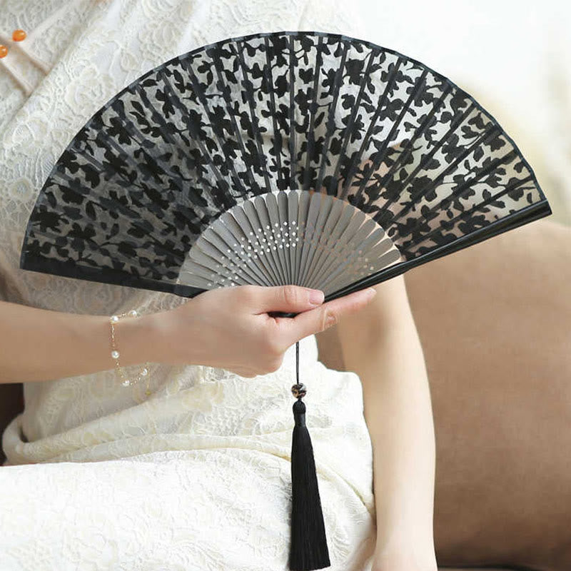 Retro Leaves Flower Silk Handheld Bamboo Folding Fan
