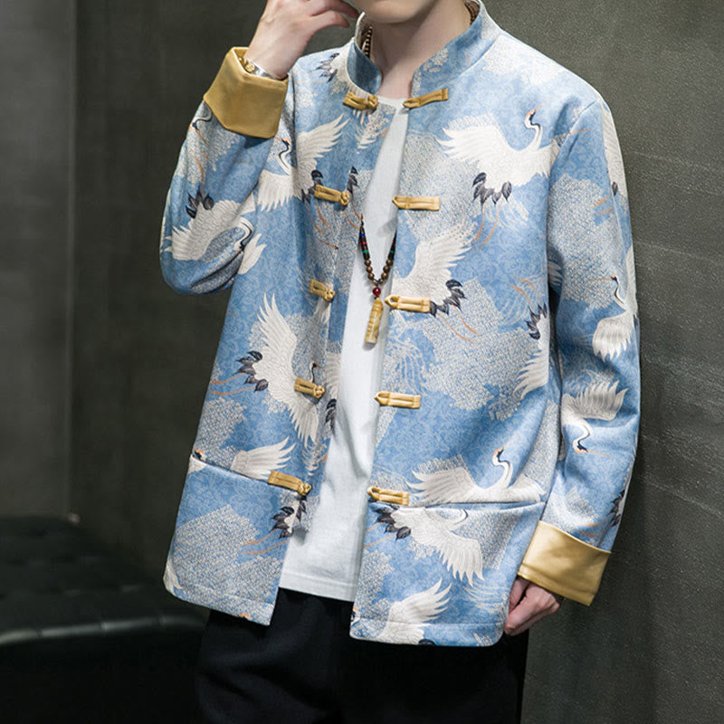 Chinese New Year Clothes White Crane Gold Frog-button Tang Suit Cotton Men's Jacket Shirt With Pockets