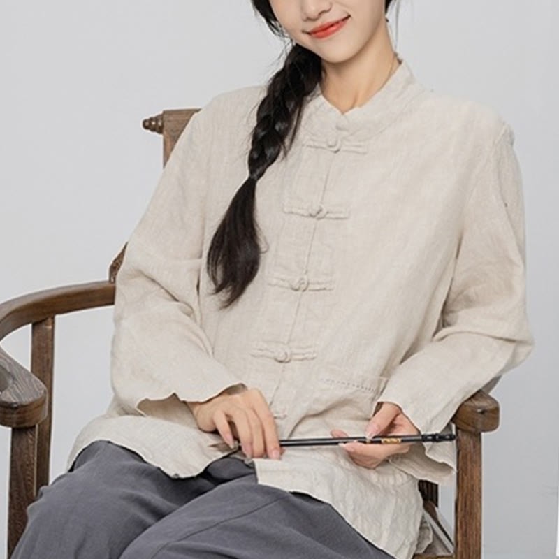 Solid Color Frog-button Long Sleeve Linen Women's Shirts With Pockets