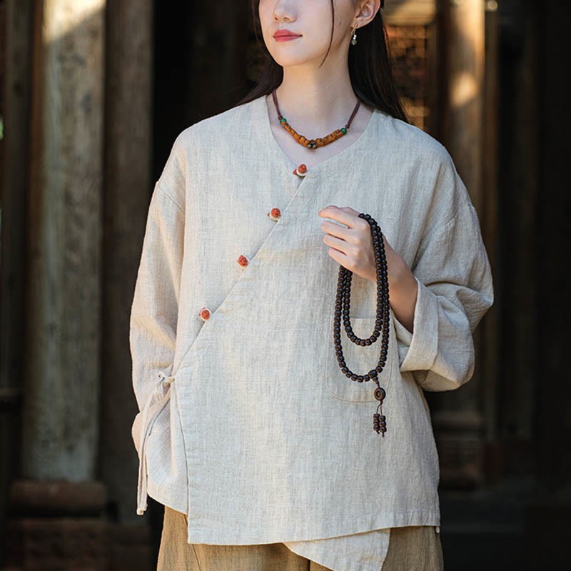 Solid Color Ramie Linen Loose Blouse Long Sleeve Shirt Chinese Hanfu Top