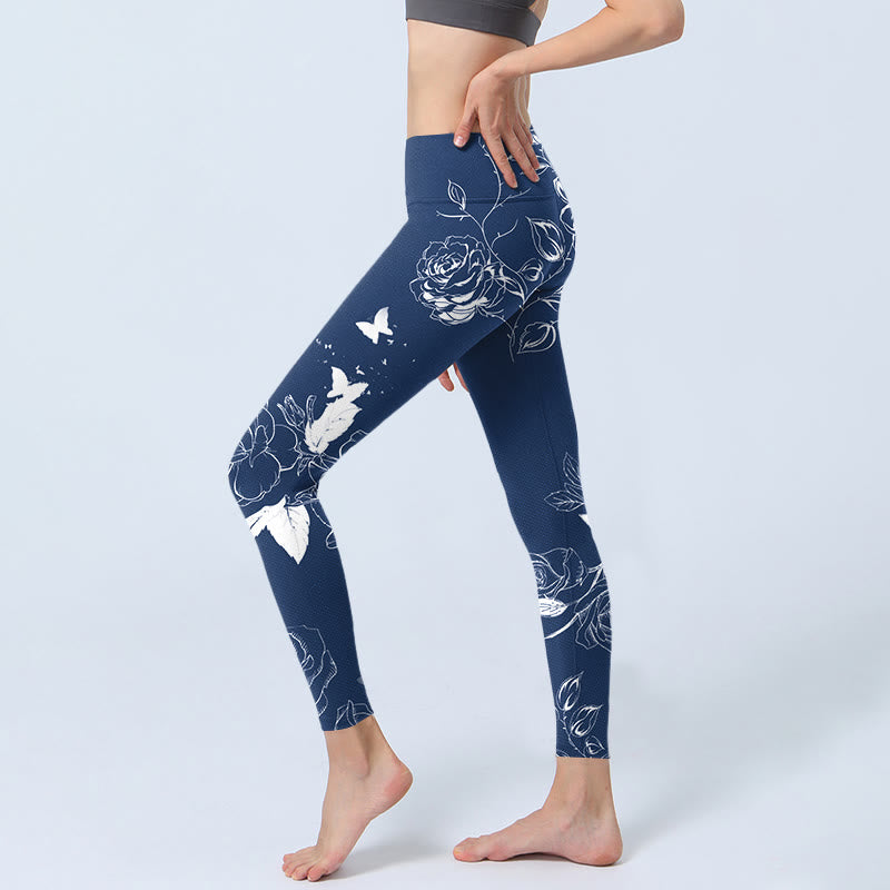 Blue Rose Butterfly Print Sports Leggings Women's Yoga Pants