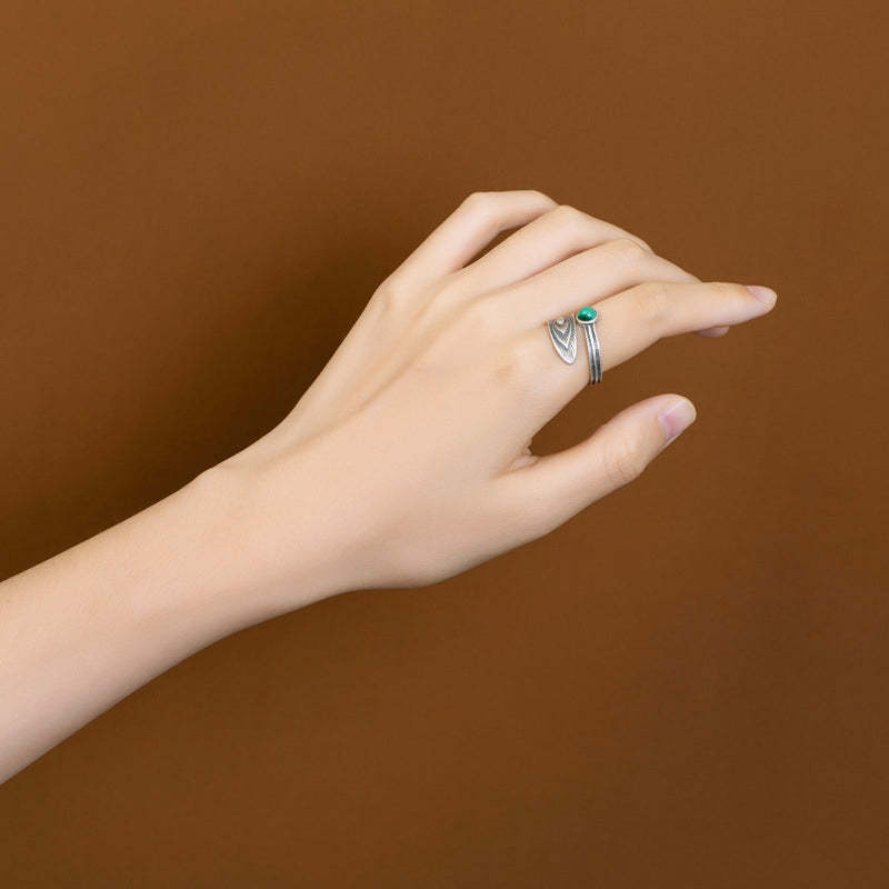 925 Sterling Silver Malachite Bead Feather Protection Ring