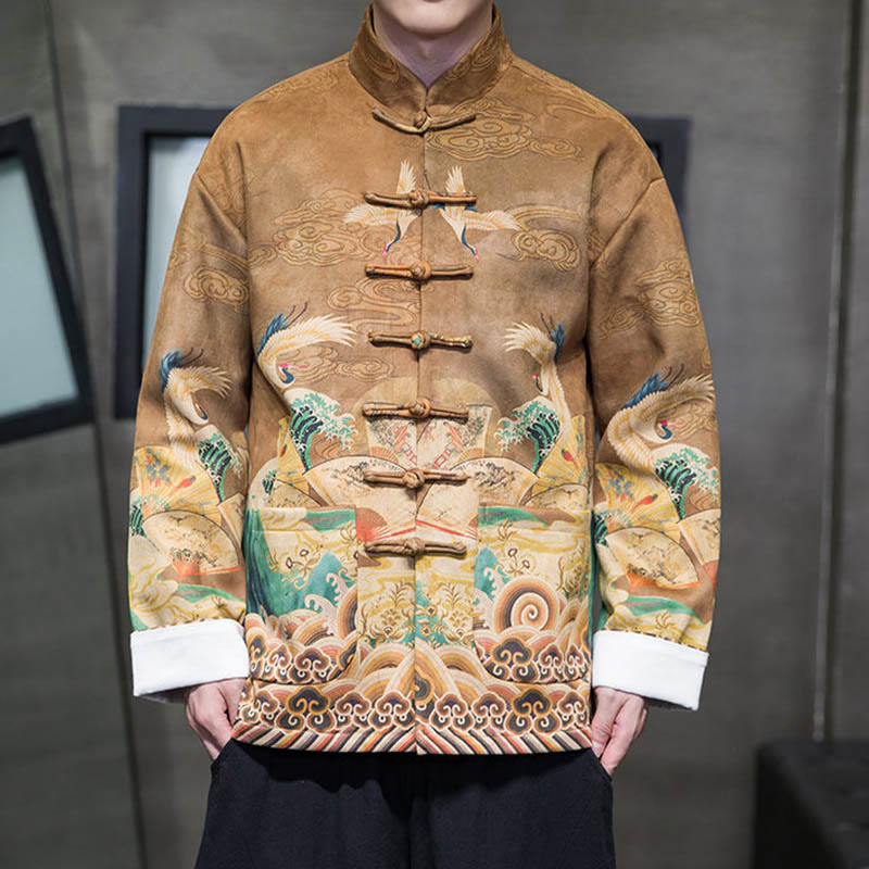 Frog-Button Chinese Tang Suit Crane Character Long Shirt Cotton Suede Men Jacket Clothing