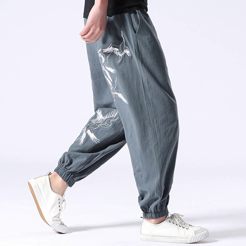 White Crane Embroidery Design Drawstring Men's Harem Pants With Pockets
