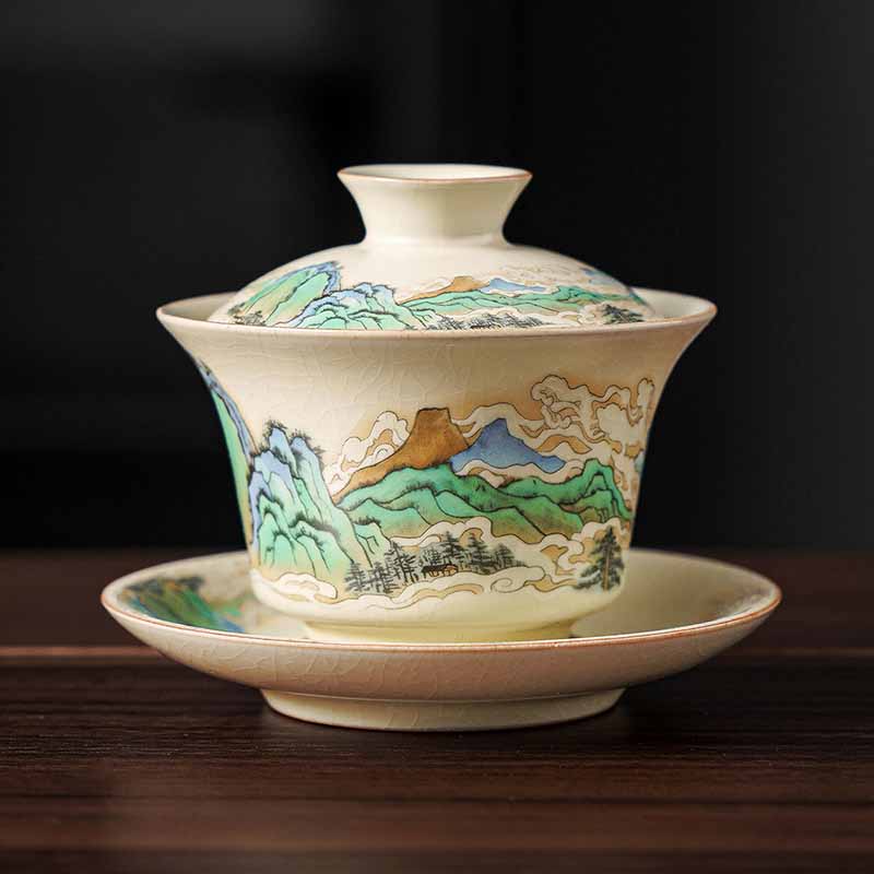 A Panorama of Rivers and Mountains Flowers Ceramic Gaiwan Sancai Teacup Kung Fu Tea Cup And Saucer With Lid