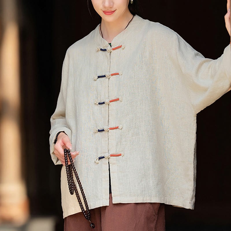 Solid Color Two-color Frog-button Long Sleeve Ramie Linen Women's Shirt