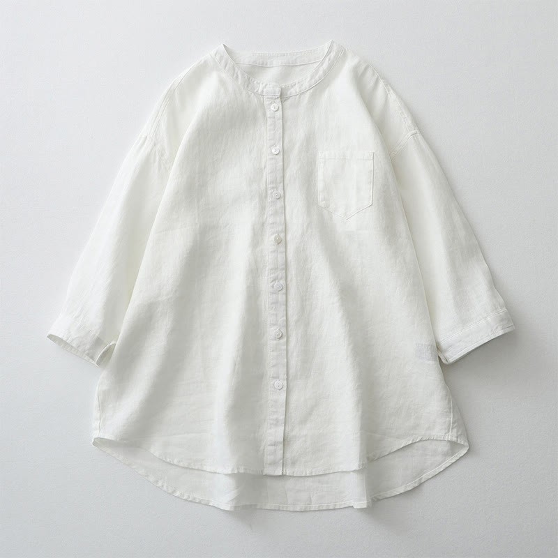 Solid Color Button Three Quarter Sleeve Cotton Linen Shirt
