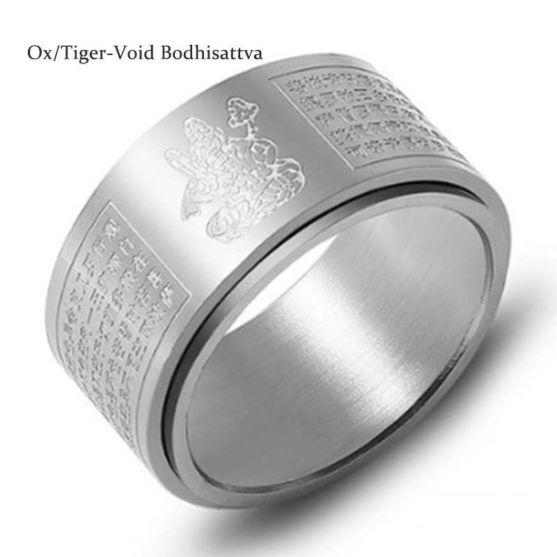 Chinese Zodiac Natal mystic zen Heart Sutra Carved Titanium Steel Calm Rotatable Ring